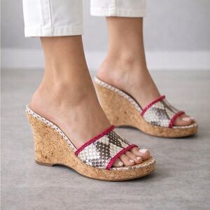 Salpy Snakeskin Cork Wedge Slides Pink Trim Size 9 Handmade USA Slip On